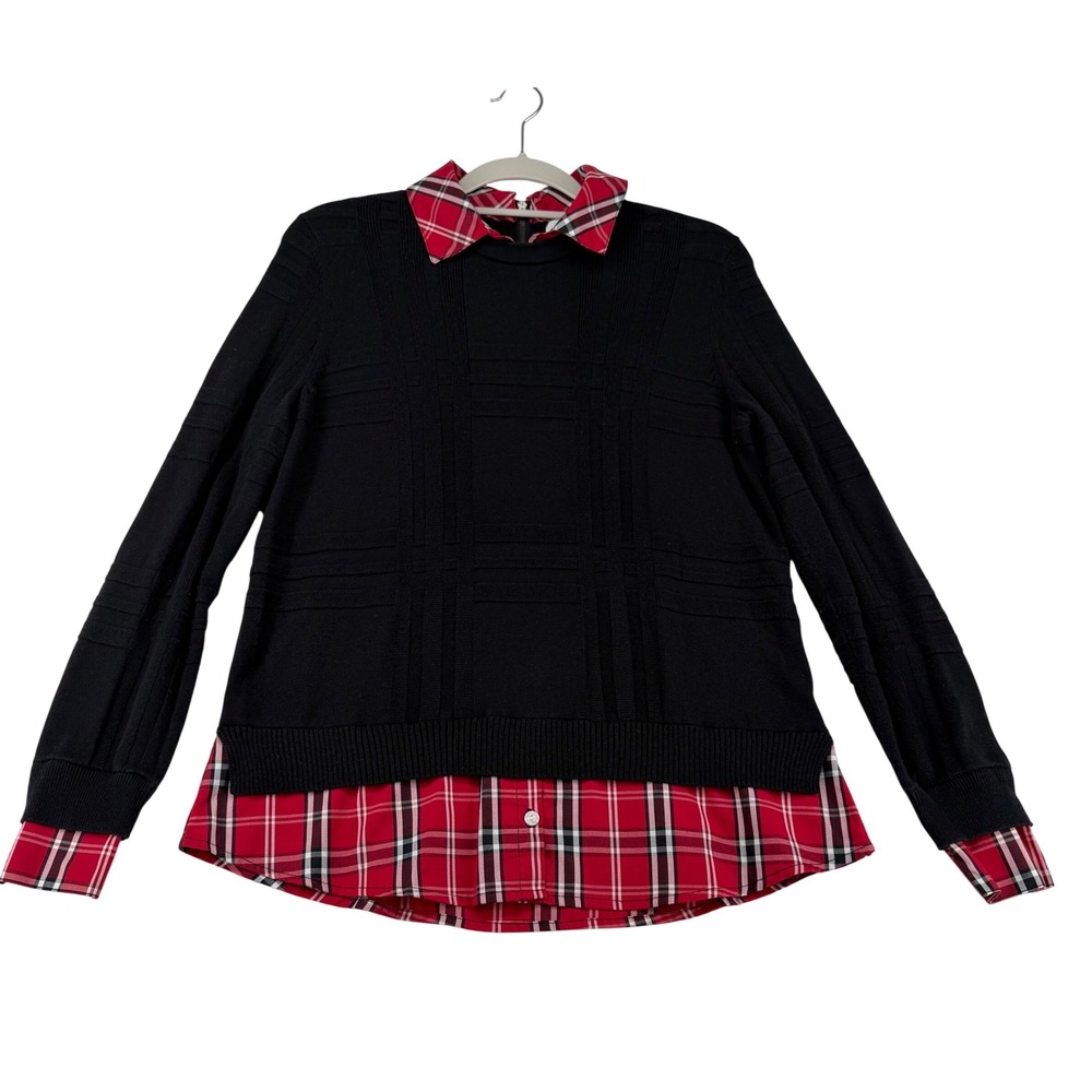 Foxcroft NYC Red Tartan Plaid Layered Sweater Shirt Trim Womens Medium Preppy